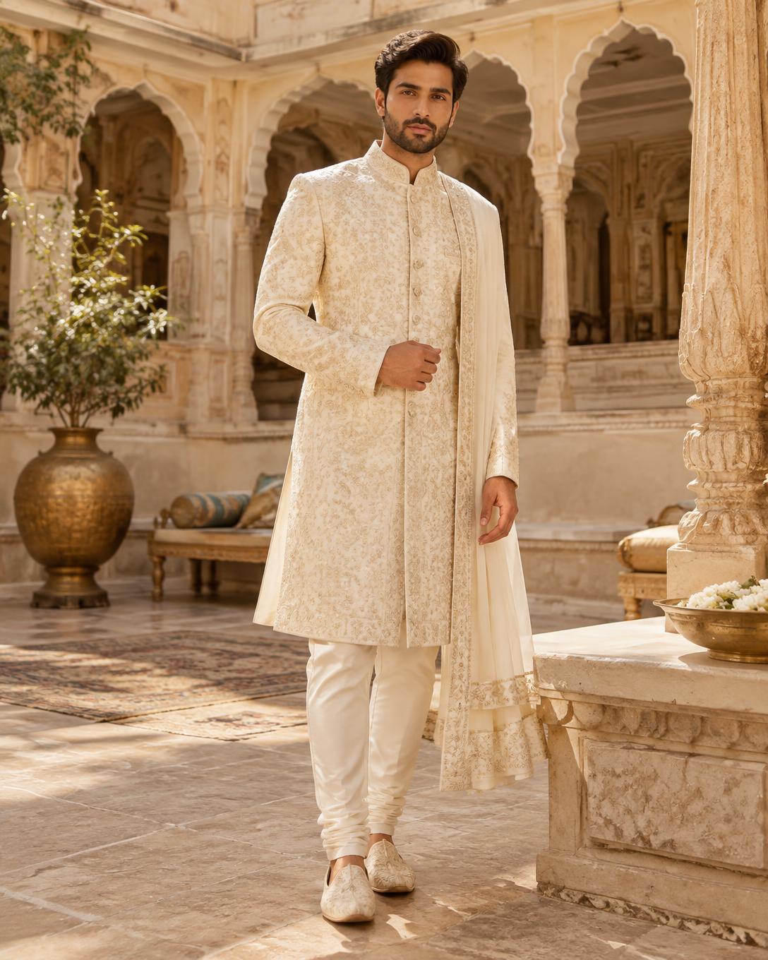 Man in ivory sherwani in a palace courtyard