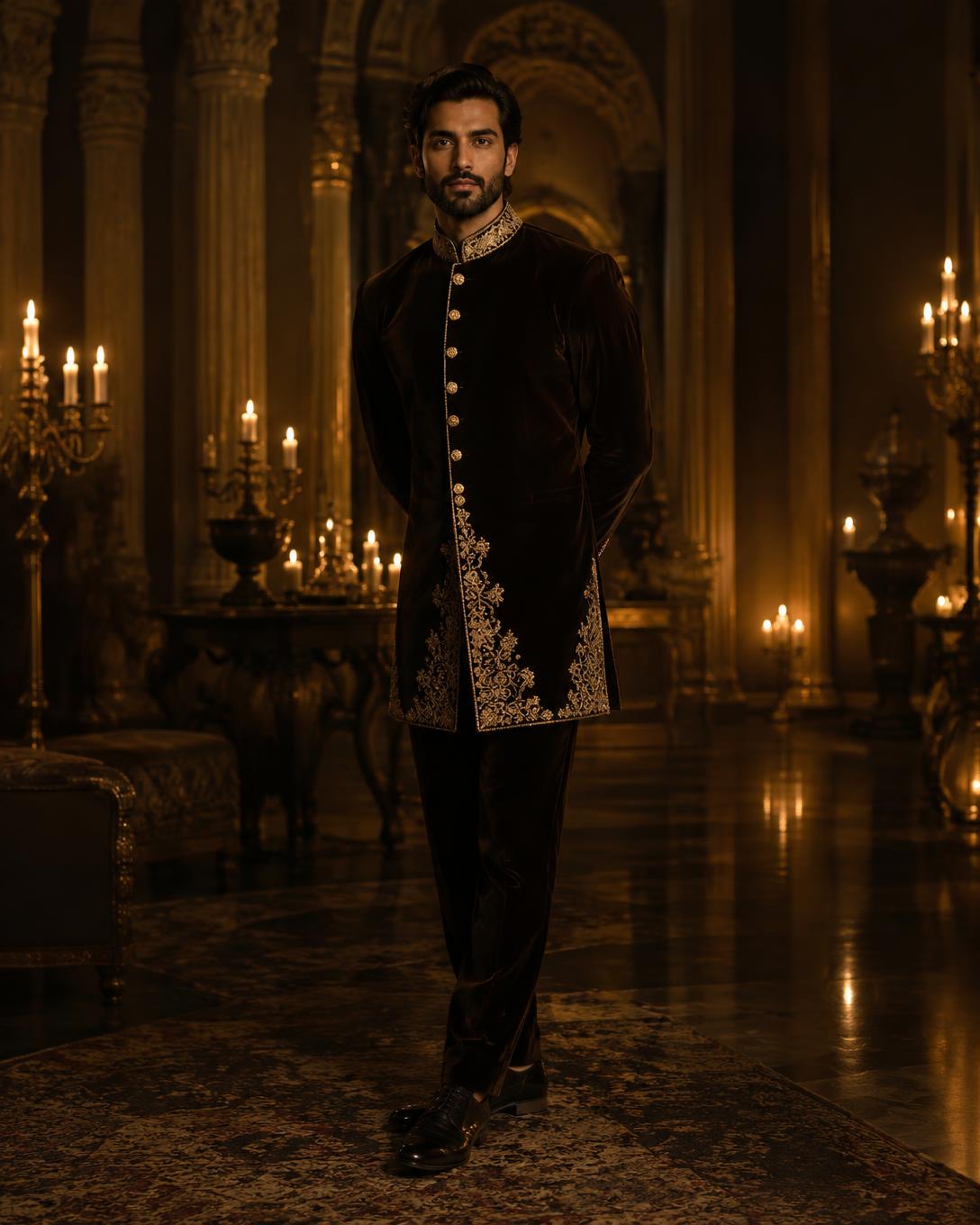 Two men in velvet bandhgala and tuxedo